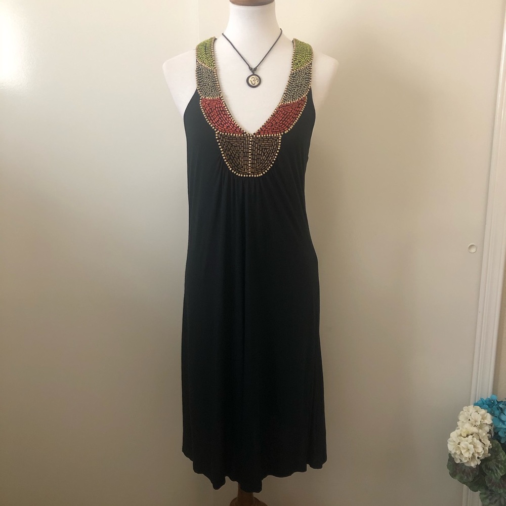 BCBGMaxAzria Black Midi Dress with Green and Red Beaded Neckline